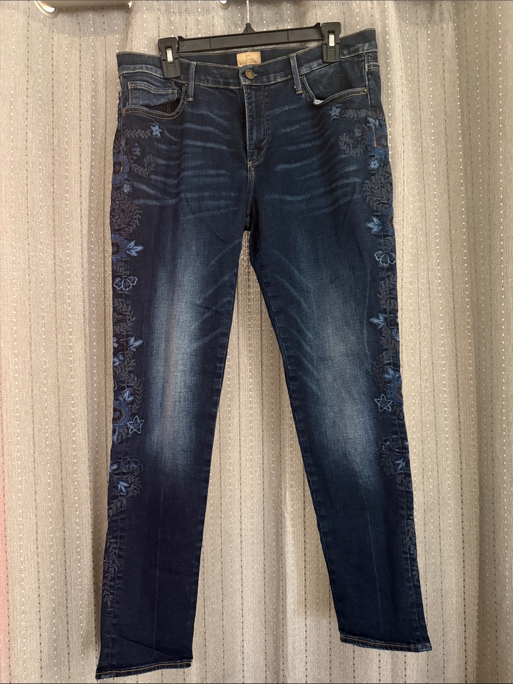 DRIFTWOOD Dark Blue Skinny Jeans with Floral Side Embroidery
